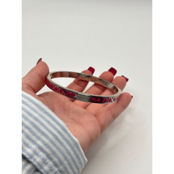 Coach Pink Enamel Signature Print Silver-Tone Bangle Bracelet - Picture 7 of 8